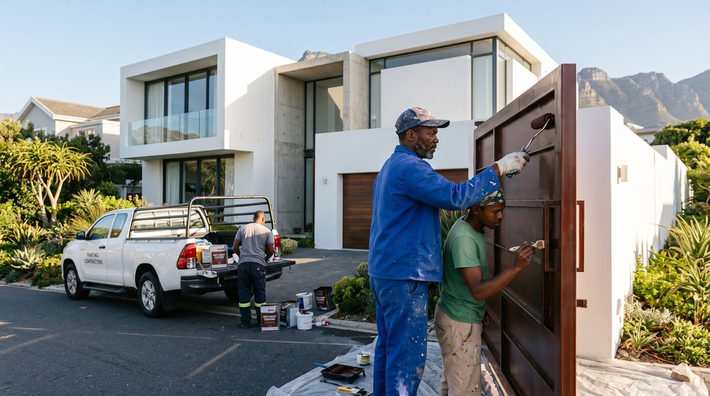 Professional anti-rust coating team applying rust protection to a metal gate in Muizenberg