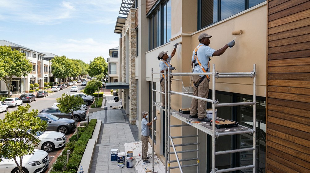 Professional commercial painters on scaffolding painting a building in Muizenberg