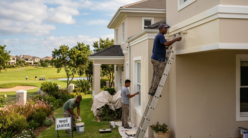 Professional estate painters painting a luxury golf estate home in Muizenberg