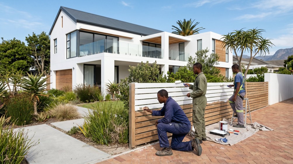 Professional fence painters painting a wooden fence at a Muizenberg home in Muizenberg