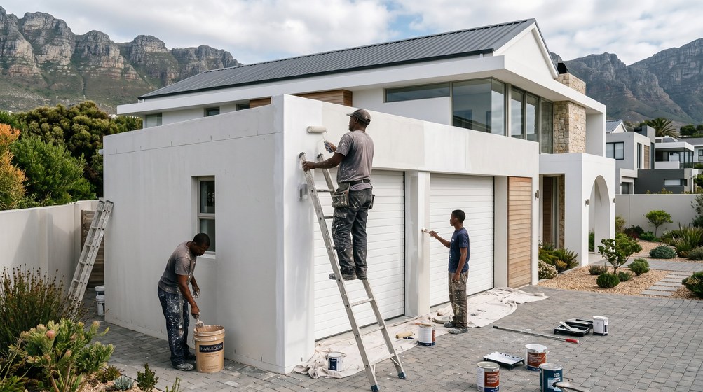 Professional painters painting a double garage exterior and garage doors in Muizenberg
