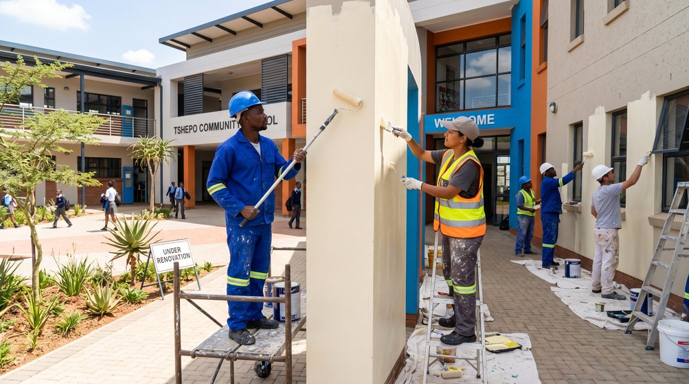 Professional school painting team painting a community school in Muizenberg