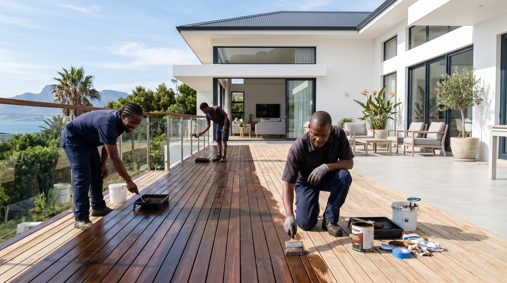 Professional wood staining team applying deck stain on a home in Muizenberg